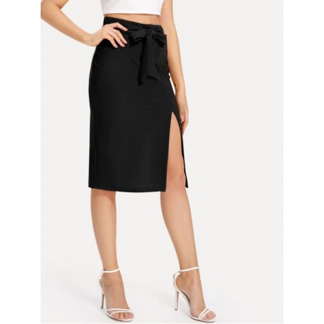 Tie Waist Split Pencil Skirt