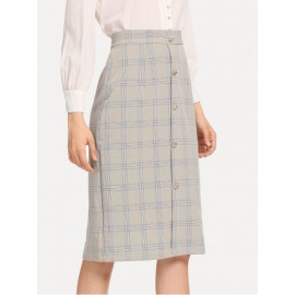 Button Through Plaid Skirt