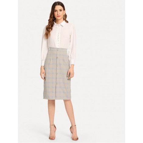 Button Through Plaid Skirt