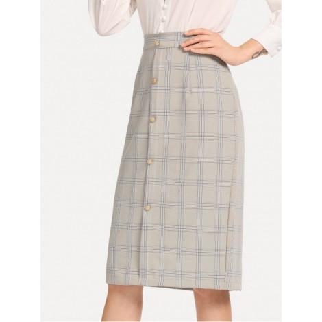 Button Through Plaid Skirt