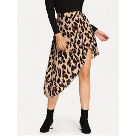 Asymmetric Leopard Wrap Skirt