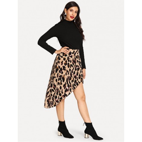 Asymmetric Leopard Wrap Skirt