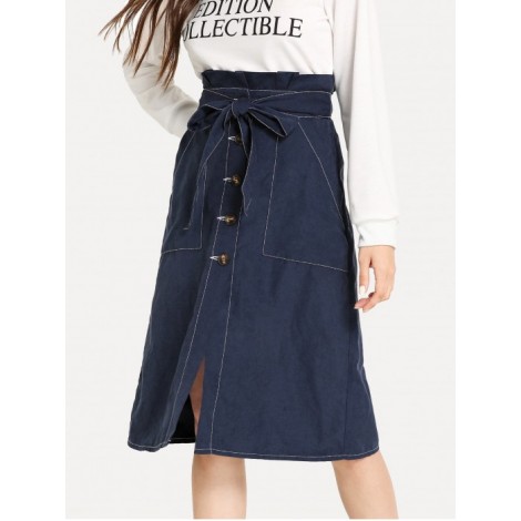 Contrast Stitch Button Up Belted Skirt