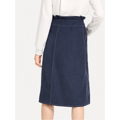 Contrast Stitch Button Up Belted Skirt