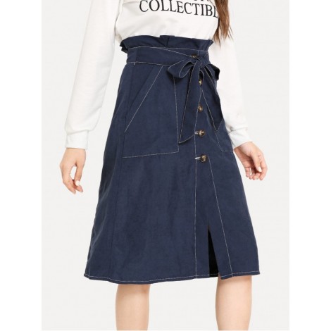 Contrast Stitch Button Up Belted Skirt