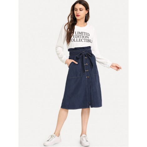 Contrast Stitch Button Up Belted Skirt