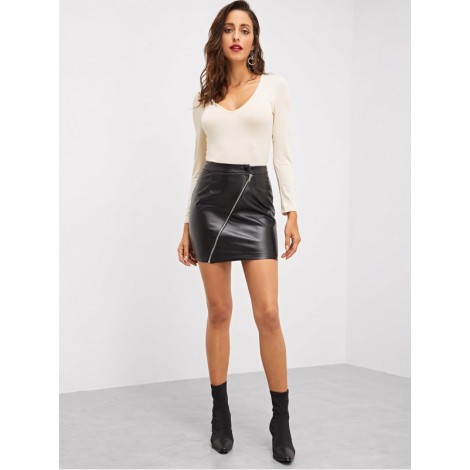 Zip Front PU Bodycon Skirt