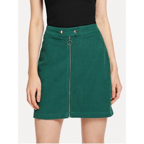 Exposed Zip Front Corduroy Skirt