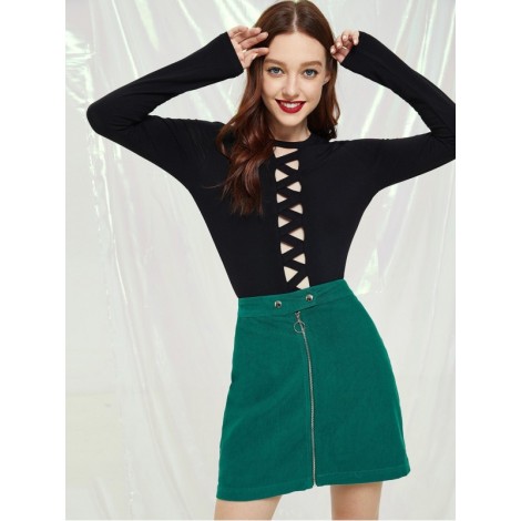 Exposed Zip Front Corduroy Skirt