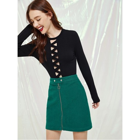 Exposed Zip Front Corduroy Skirt