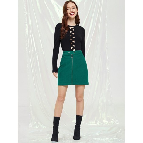 Exposed Zip Front Corduroy Skirt