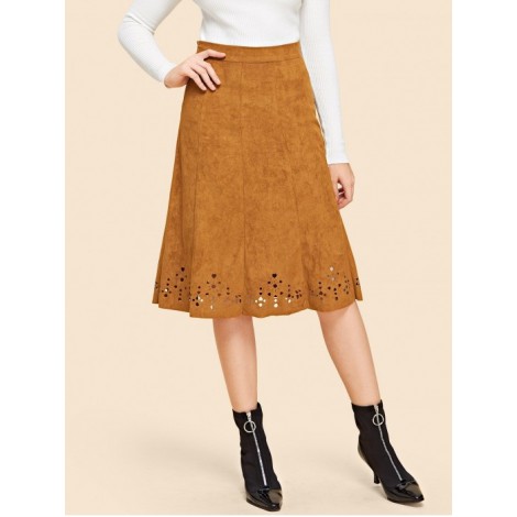 Laser Cut Hem Suede Skirt