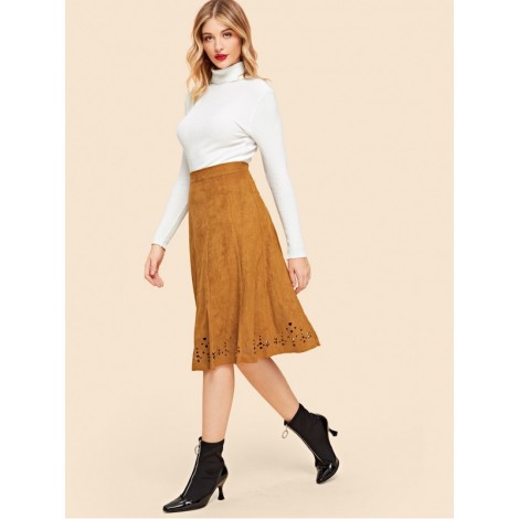 Laser Cut Hem Suede Skirt