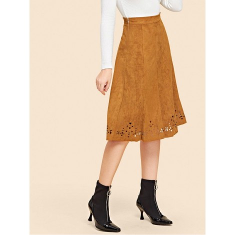 Laser Cut Hem Suede Skirt