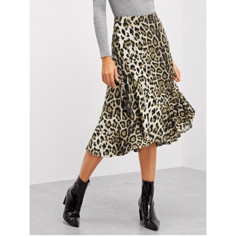 Leopard Print Ruffle Trim Skirt