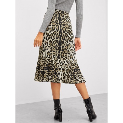 Leopard Print Ruffle Trim Skirt