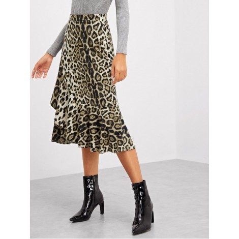 Leopard Print Ruffle Trim Skirt