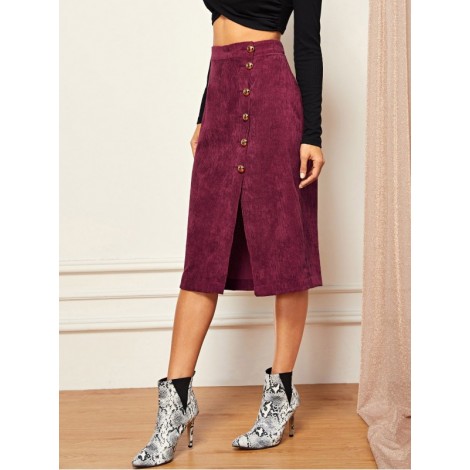 Gold Button Split Corduroy Skirt