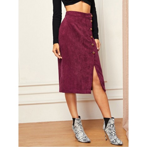 Gold Button Split Corduroy Skirt