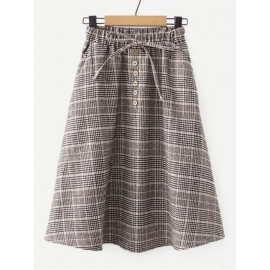 Knot & Button Detail Plaid Skirt