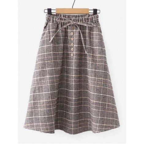 Knot & Button Detail Plaid Skirt