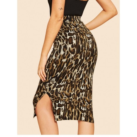 Slit Hem Leopard Bodycon Skirt