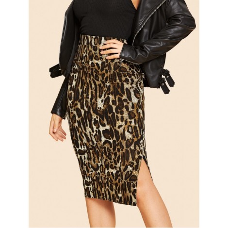 Slit Hem Leopard Bodycon Skirt