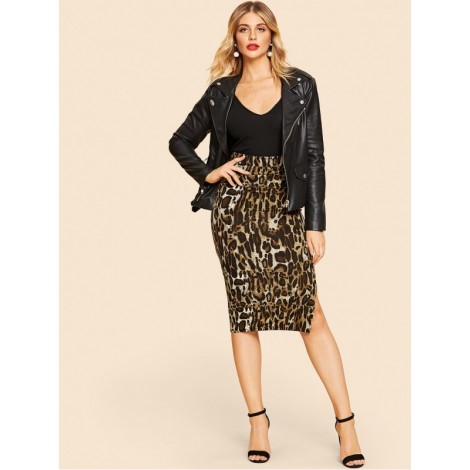 Slit Hem Leopard Bodycon Skirt