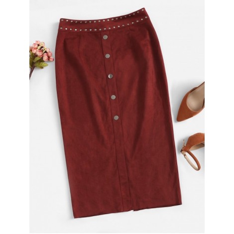 Zip Back Slit Hem Buttoned Skirt