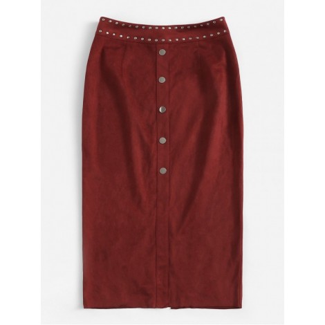 Zip Back Slit Hem Buttoned Skirt