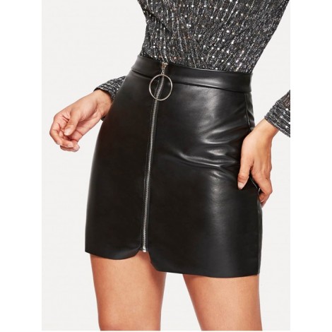 Zip Up Asymmetrical Hem PU Skirt