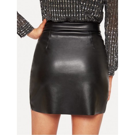 Zip Up Asymmetrical Hem PU Skirt