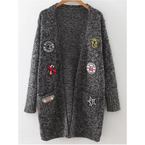 Mixed Patch Marled Knit Long Cardigan With Pockets