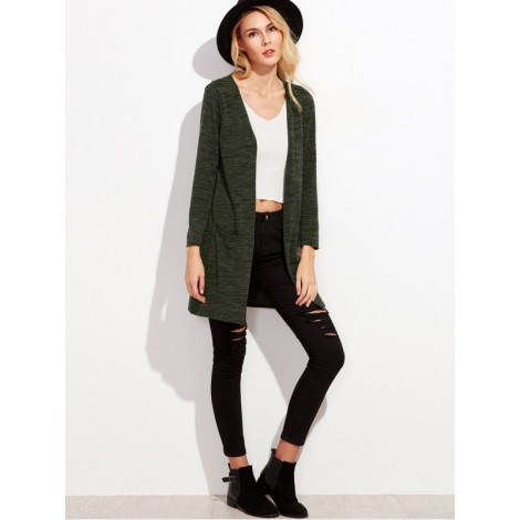 Dark Green Pockets Long Cardigan