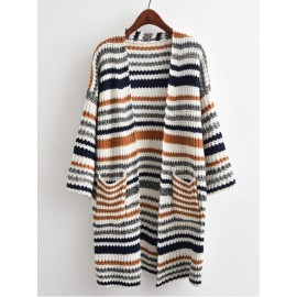 Striped Textured Knit Longline Cardigan Sweater