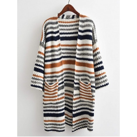 Striped Textured Knit Longline Cardigan Sweater