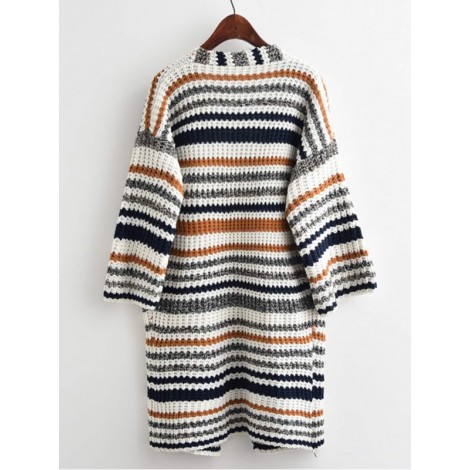 Striped Textured Knit Longline Cardigan Sweater