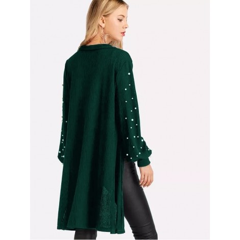 Pearl Beading Balloon Sleeve Cardigan