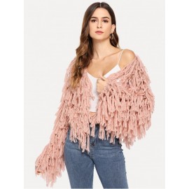 Open Knit Fuzzy Fringe Cardigan