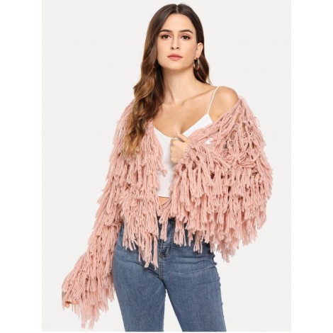 Open Knit Fuzzy Fringe Cardigan