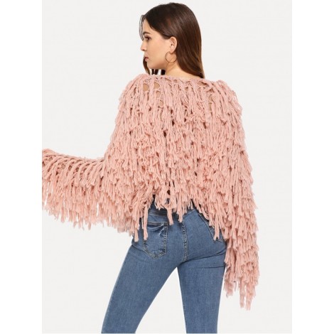 Open Knit Fuzzy Fringe Cardigan