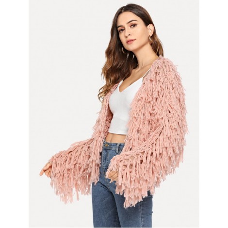 Open Knit Fuzzy Fringe Cardigan