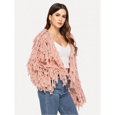 Open Knit Fuzzy Fringe Cardigan