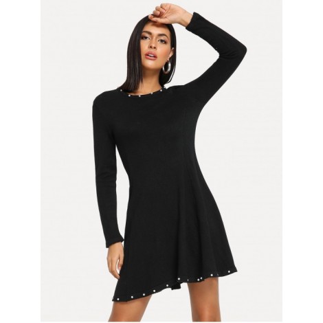 Pearl Beaded Solid Sweater Dress