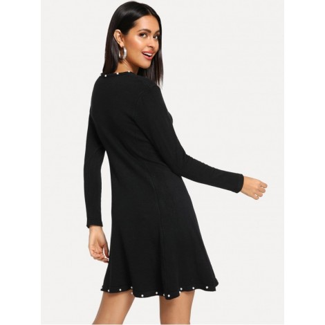 Pearl Beaded Solid Sweater Dress