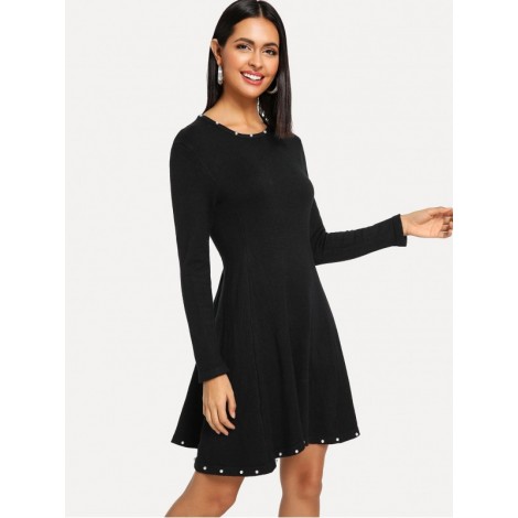 Pearl Beaded Solid Sweater Dress