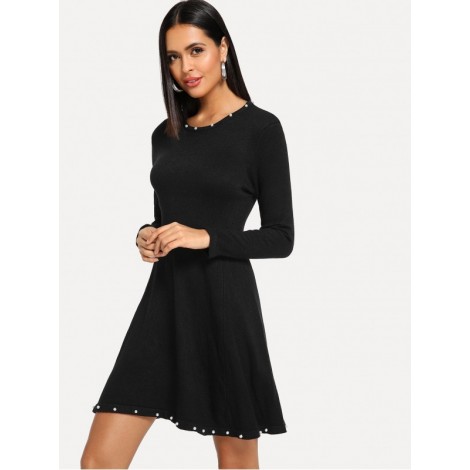 Pearl Beaded Solid Sweater Dress