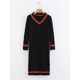 Cable Knit Contrast Striped Trim Sweater Dress