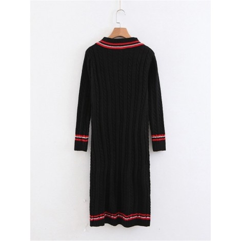 Cable Knit Contrast Striped Trim Sweater Dress