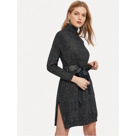 Knot Front Split Side Heathered Knit Sweater Dress